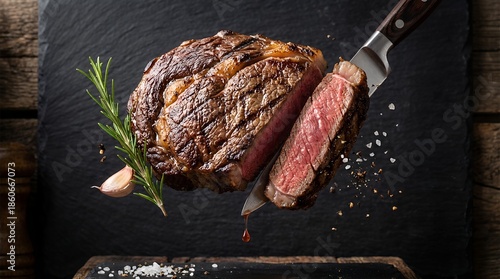 Grilled Ribeye Steak Levitating With Rosemary And Garlic