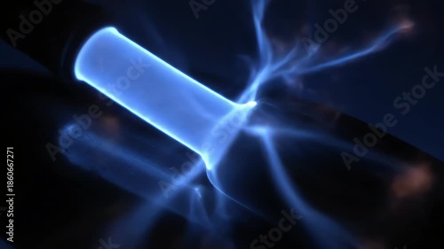 Glowing plasma pulse on curved metal showcasing an advanced energy and futuristic technology concept with dynamic electric discharge.