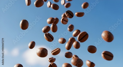Falling coffee beans against a clear blue sky  