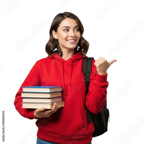 Smiling student holding books isolated on transparent background