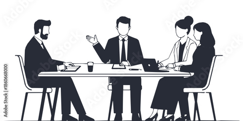 Four business people in suits having a meeting around a table, discussing work in a professional setting, black and white illustration.