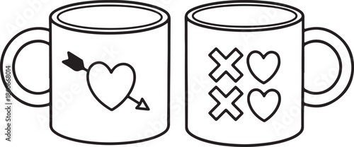 Two outline coffee mugs display romantic designs, one with a heart arrow and the other with XOXO