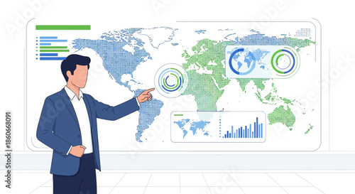 Global strategy presentation with business professional delivering financial insights analytics