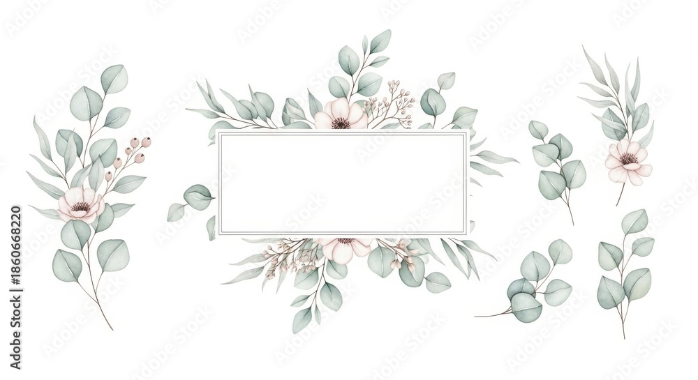 Fototapeta premium Beautiful floral frame with green leaves and flowers