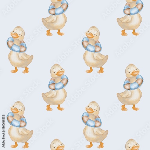 Watercolor design of ducks using life rings as a fun textile print on white background