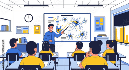Illustrated classroom scene with a teacher explaining neuron connections to students