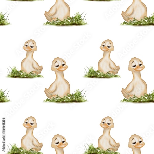 Cute duck pattern design on white background with grass elements for various uses