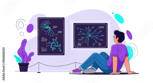 Illustrated observer contemplating neural networks, amidst vibrant graphic elements in a modern