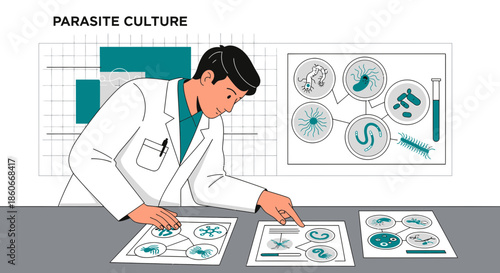 Illustration depicting a scientist analyzing parasite culture data in a laboratory setting with