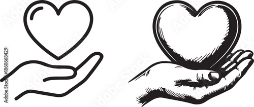 A human hand gently holds a heart symbol, presented in both simple outline and shaded black versions