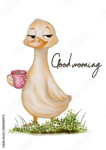 Cute duck holding coffee cup wishing good morning on wrapping paper design