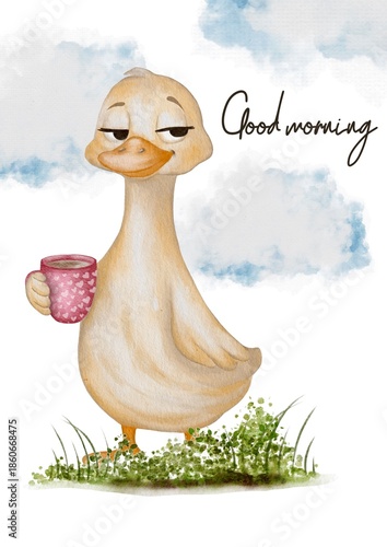 Morning scene with duck holding cup and clouds in white background