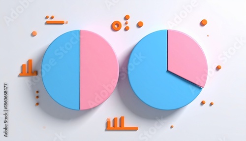 Two 3D pie charts in blue and pink, with orange accents on a white surface