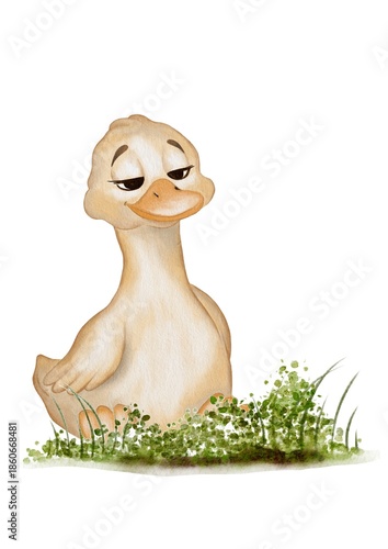 Cute illustrated duck standing in grass with watercolor style and soft colors for design use