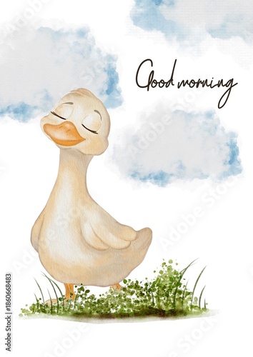 Watercolor duck with clouds and good morning text in simple design set against white background