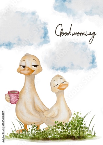 Cute ducks greet morning with coffee in watercolor design for wrapping or postcard use