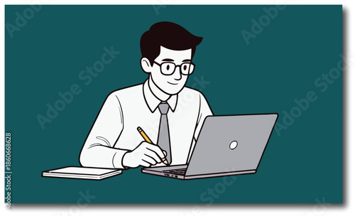 Businessman working on laptop and taking notes
