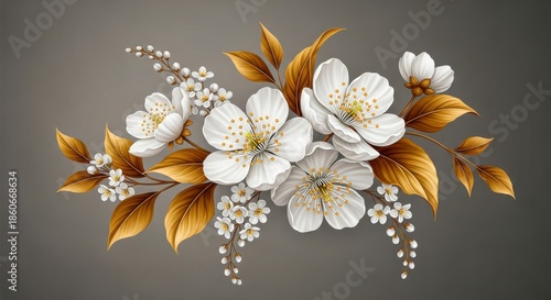 Beautiful white flowers with golden leaves on gray background