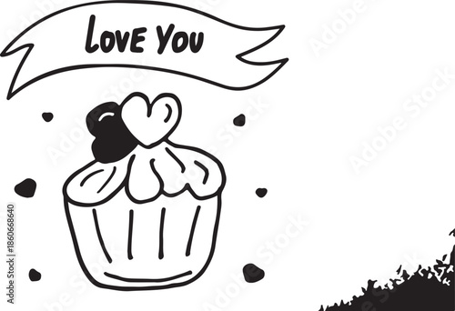 A sweet hand drawn cupcake with a heart on top and a LOVE YOU banner