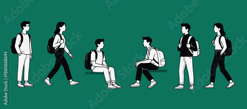 Two friends sitting and talking with backpacks on a green background
