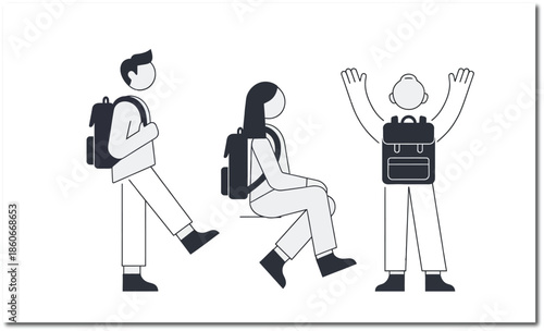 Simple line drawings of students with backpacks in various poses
