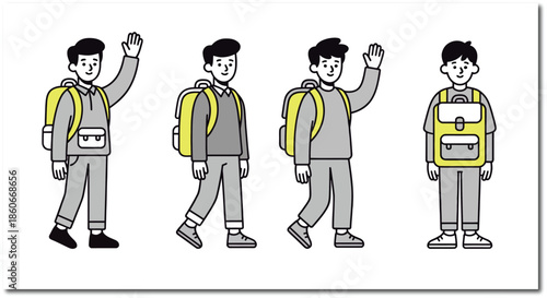 Cartoon illustration of boys with backpacks walking and waving

