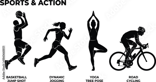 Athletes in action sports like basketball, jogging, yoga, cycling