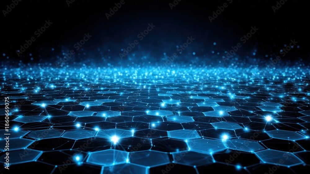 Fototapeta premium Glowing hexagonal lattice structure stretches into the dark digital distance