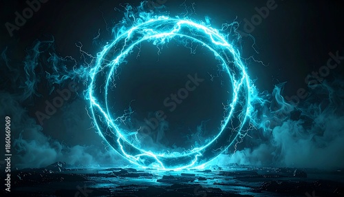 Glowing blue energy portal emitting light and lightning with smoky environment