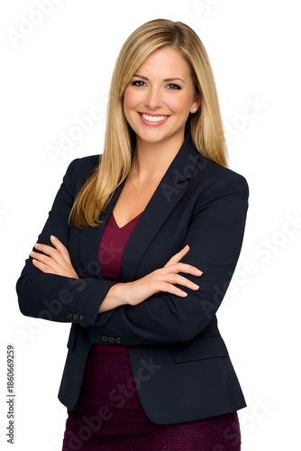 Confident professional business woman in corporate attire posing with crossed arms on transparent background. 
