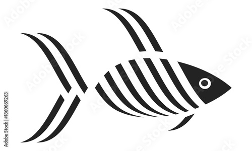 Fish vector illustration isolated on white background. Marine animal side view features abstract linear pattern. Modern fish icon for maritime and seafood branding. Stylized black fish silhouette.