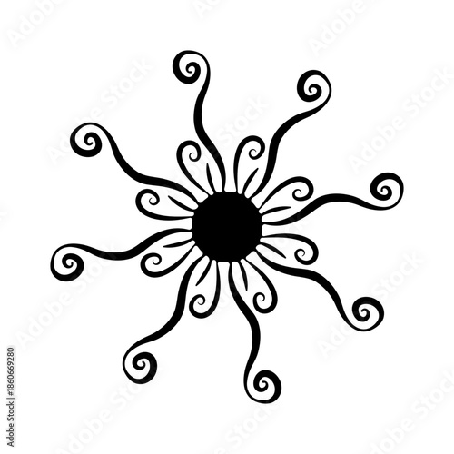 Sun emblem vector black and white illustration. Day-star with spiral sunbeams,  curled rays. Vector cartoon clip art for spring or summer design to depict solar activity, magnetic storm, sunny weather