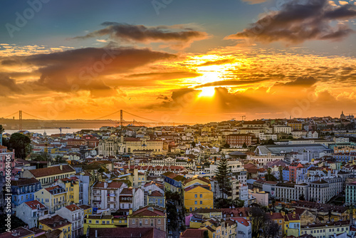 Colorful sunset over cityscape skyline of Lisbon, Portugal, April 25th