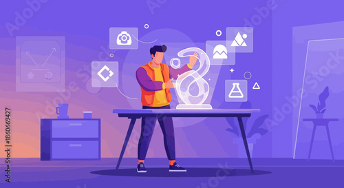 Illustration of a designer working with holographic elements in a creative workspace