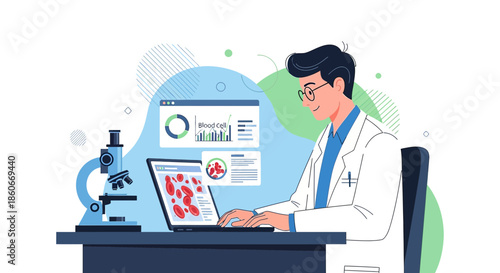 Illustration of a doctor analyzing blood cell data on a laptop with a microscope