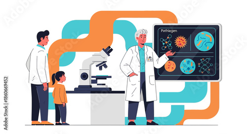 Illustration of a doctor explaining pathogens to a child and their father, highlighting medical