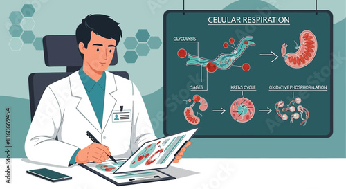 Illustration of a doctor analyzing cellular respiration process in a laboratory setting for research