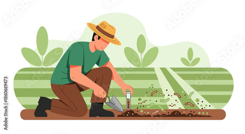 Illustration of a farmer analyzing soil samples with agricultural field background showcasing soil