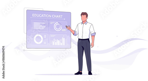 Illustration of a faceless educator presenting an education chart with graphical information