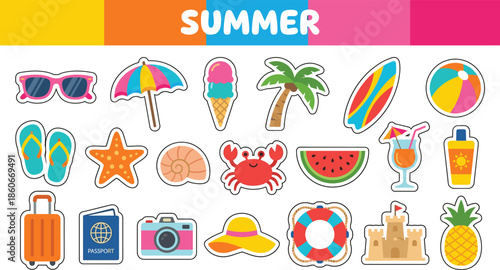 Set of summer beach vacation stickers with header. Vector colorful icons including sunglasses, ice cream, palm tree, and surfboard isolated on white.