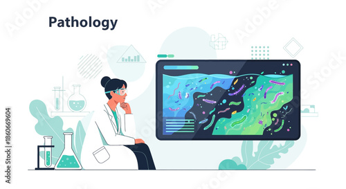 Illustration of a pathologist analyzing microorganism data on a digital screen