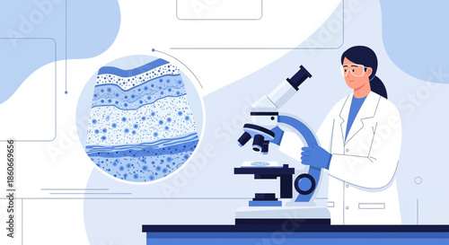 Illustration of a researcher examining cells under a microscope in a laboratory setting