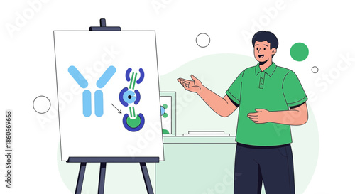 Illustration of a scientific presentation about antibody antigen interaction process at seminar