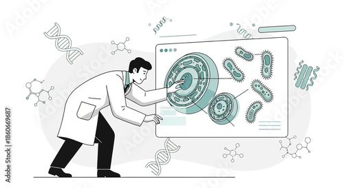 Illustration of a scientist analyzing cell structures and microorganisms on a digital interface