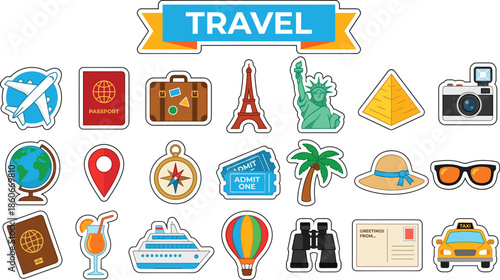 Set of world travel and tourism stickers with header. Vector colorful icons including airplane, passport, suitcase, and landmarks isolated on white.