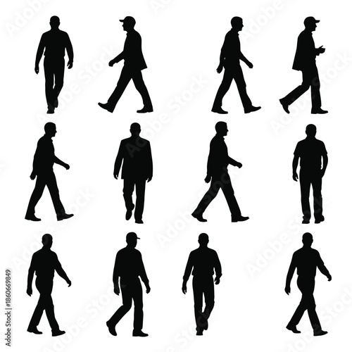 Silhouettes of people walking in various poses and attire on a white background