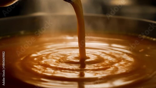 Steaming soup being poured into a bowl, Close-up of thick, steaming soup being poured into a bowl, creating ripples on the surface
