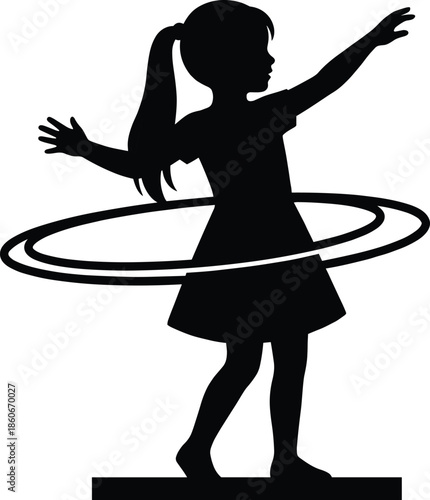Silhouette of young girl playing with hula hoop, joyful childhood activity, balance and motion concept isolated on white background