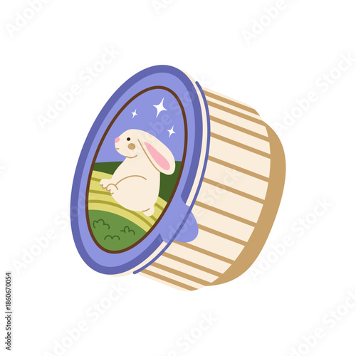 Pet food can with rabbit pate. Canned wet food for cats or dogs, featuring rabbit meat as the primary ingredient. Flat vector illustration