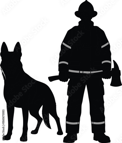 Silhouette illustration of firefighter holding axe with trained fire dog K9 partner, emergency rescue teamwork concept isolated on white background
